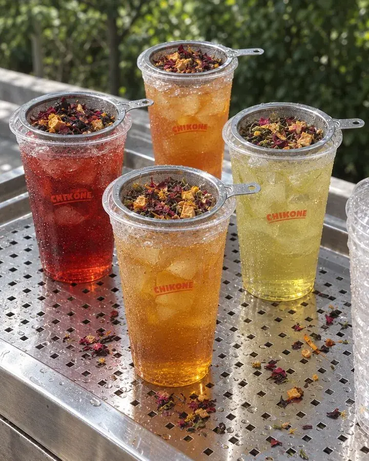 Vier Becher frischer Eistee mit Chikone-Logo, auf jedem ein Teesieb mit losem Früchte- und Blütentee, auf einer Edelstahl-Ablage in der Sonne